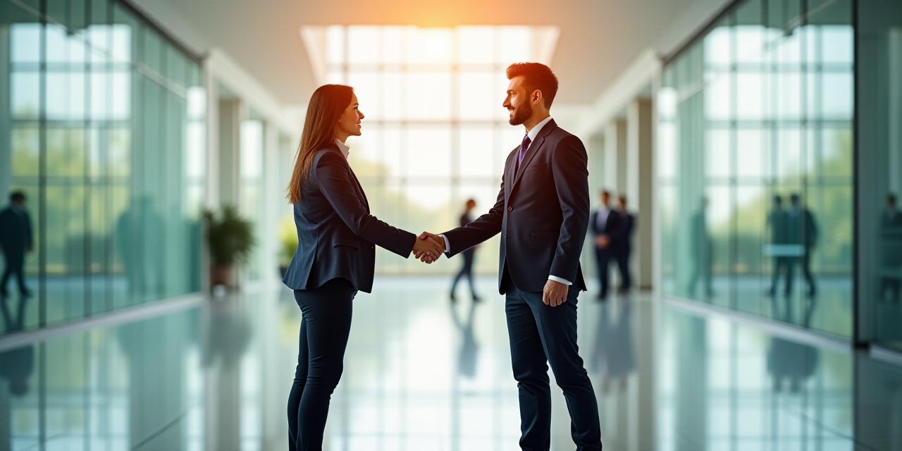 Cliente satisfecho entrando en un local comercial impecable estrechando la mano del gerente