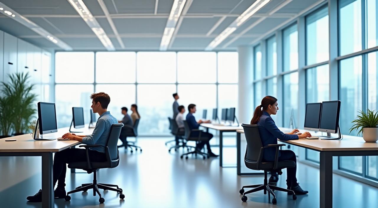 Oficina moderna, luminosa y perfectamente organizada con empleados trabajando concentrados